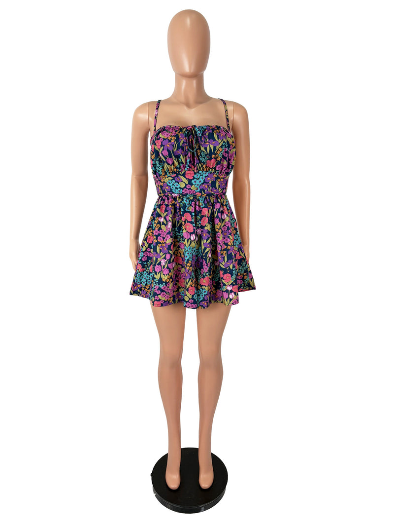 Flower Printed Backless Sling Mini Dress SHD 8522