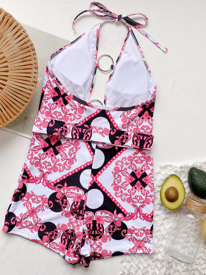 Sexy Print Hollow Round Ring One Piece Swimsuit CSYZ B93