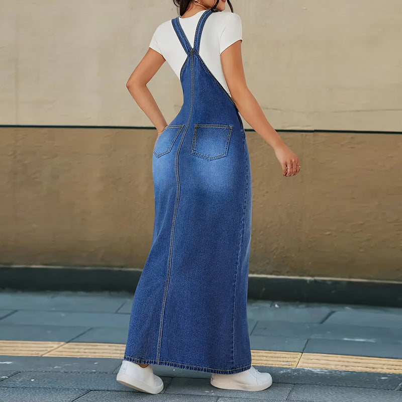 Plus Size Fashion Washed Denim Strap Dress GDAM 218715
