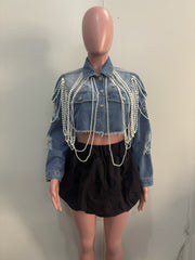 Fashion Pearl Chain Denim Jacket ORY 5277