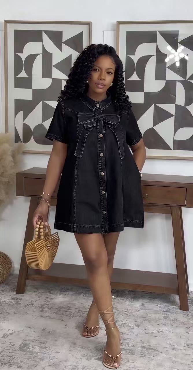 Bow Tie Denim Short Sleeve Mini Dress GADE 6731