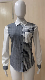 Houndstooth Print Patchwork Full Sleeve Blouse Top ZSD 0424
