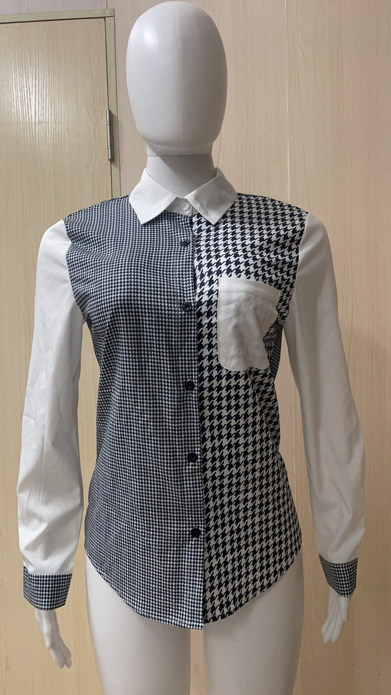 Houndstooth Print Patchwork Full Sleeve Blouse Top ZSD 0424