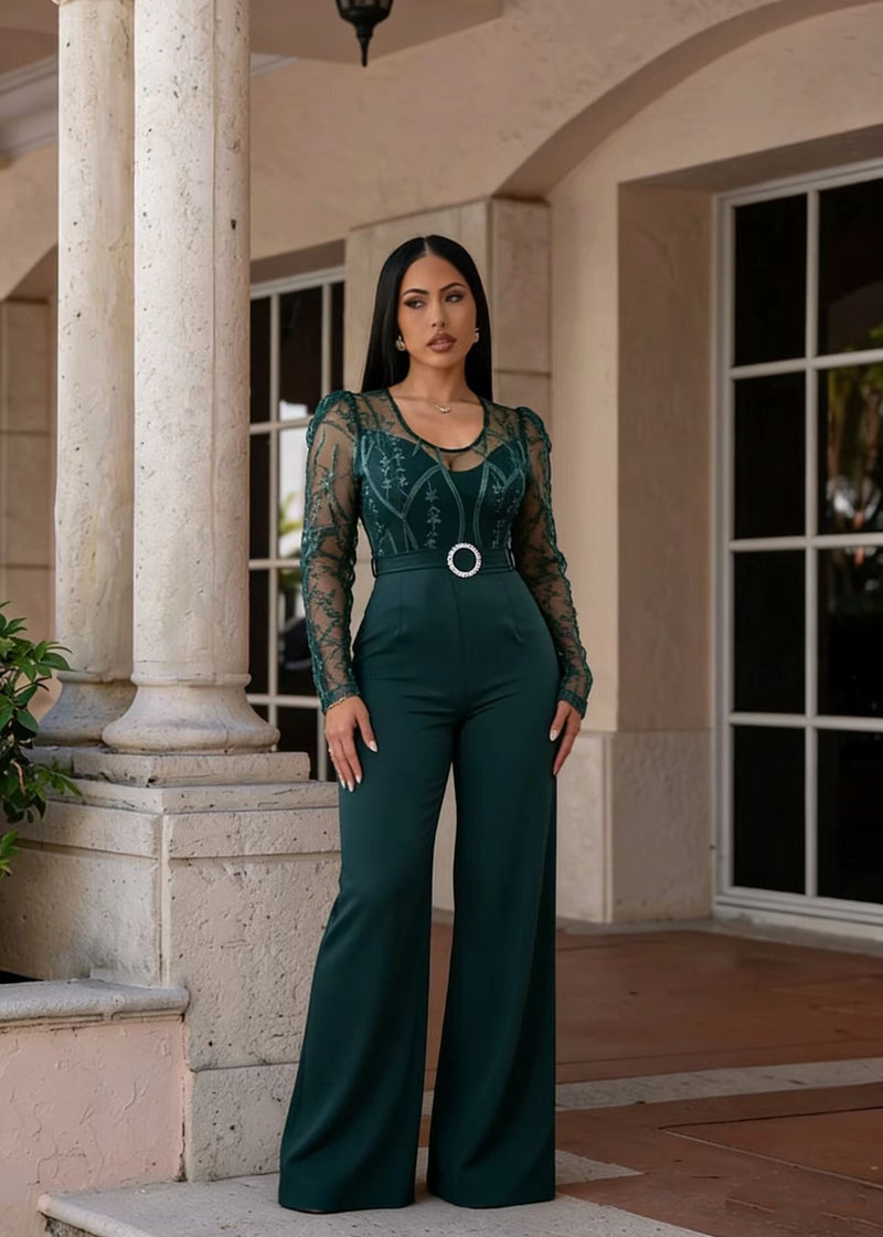 Mesh Embroidery Belt Wide Leg Jumpsuit LA 6006
