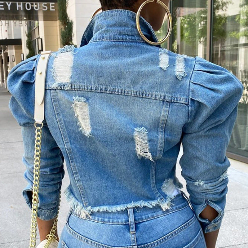 Ripped Bubble Sleeve Denim Jacket GQDH 911