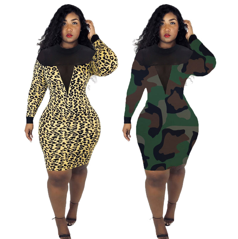 Sexy Printed Mesh Patchwork Long Sleeve Dress LM 8284