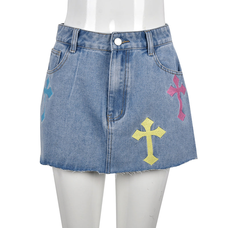 Denim Gross Embroider Half body Skirt GNZD 8851PD