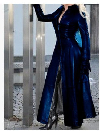 Plus Size Zipper Stand Neck Leather Long Coat GHKC Q012