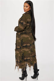 Camouflage Print Holes Long Trench Coat SH 391323