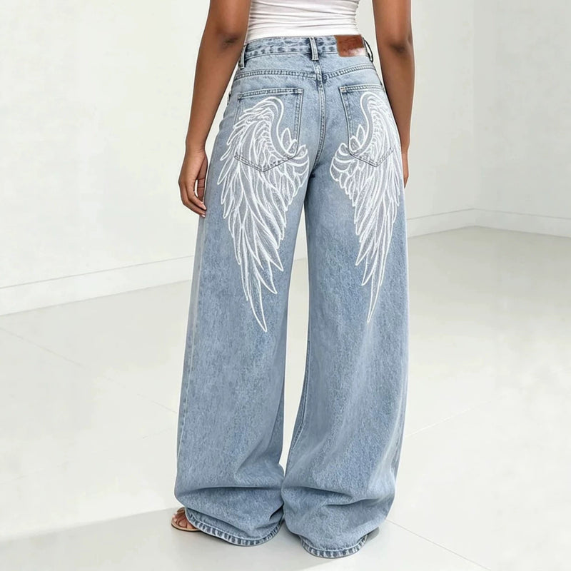 Plus Size Large Wing Pattern Printed Washed Jeans GYLN 5116