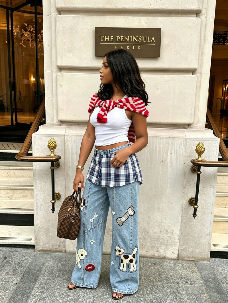 Plus Size Plaid Patchwork Embroidered Puppy Jeans GYLN 2956