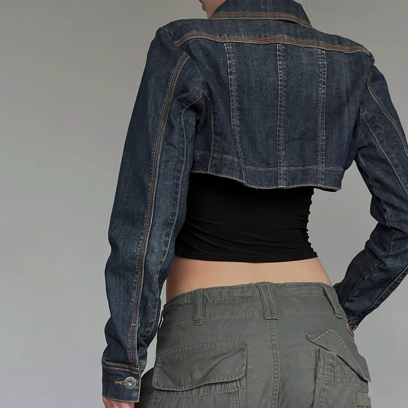 Vintage Cropped Long Sleeve Denim Jacket GQLF 802
