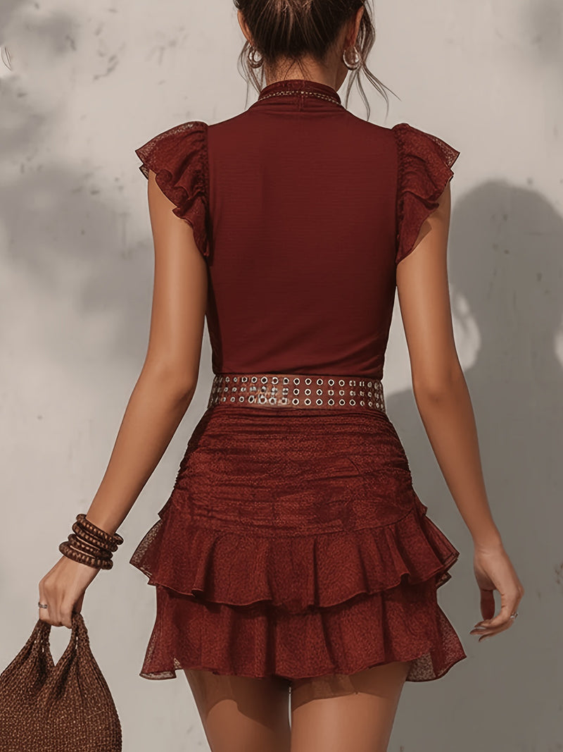 Solid Color Ruhced Lace Mini Dress Without Belt GWDS 260410