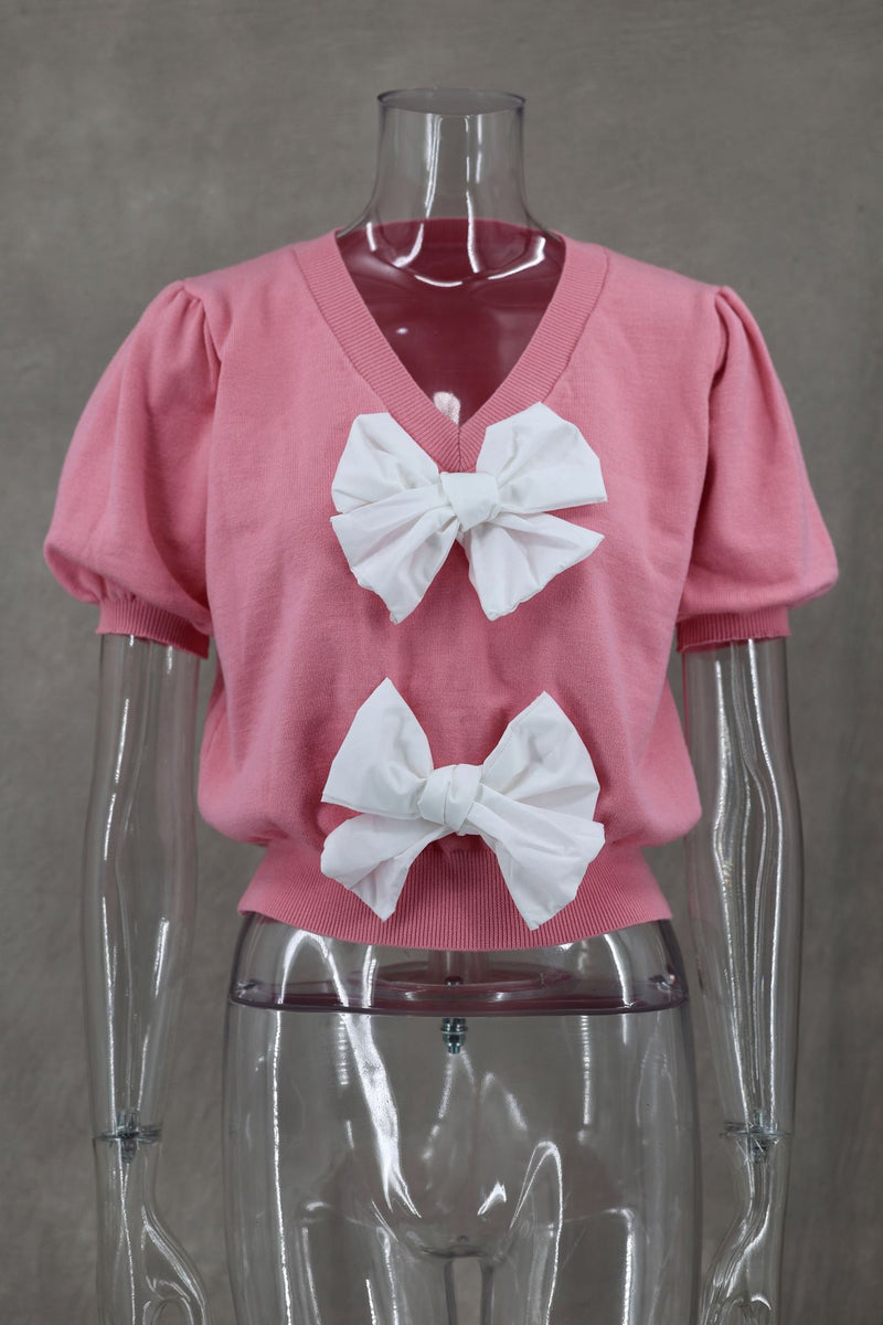 V Neck Short Sleeve Double Bow Solid Sweater GLYK LX045