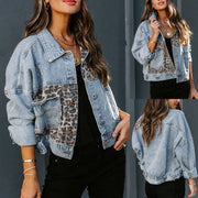 Leopard Print Splicing Long Sleeve Denim Coat XCFF 993