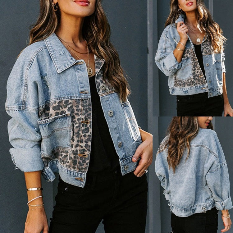 Leopard Print Splicing Long Sleeve Denim Coat XCFF 993