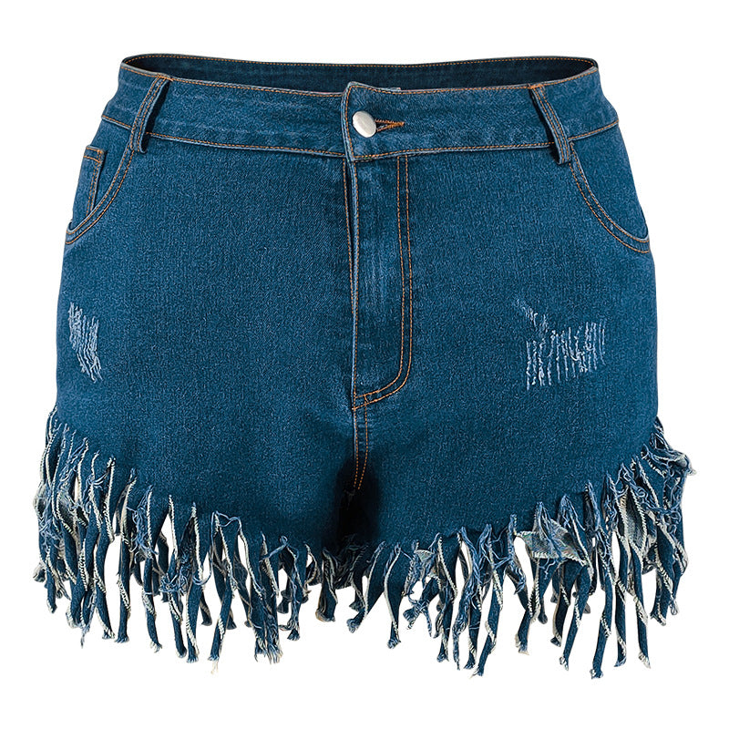 Plus Size Denim Tassel Shorts GDAM 8012