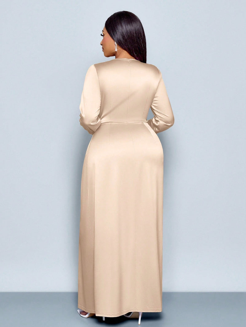 Plus Size Long Sleeve Satin Maxi Dress GAWE 6791