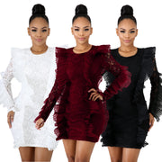 Long Sleeve Ruffles Bodycon Lace Dress LX 3081