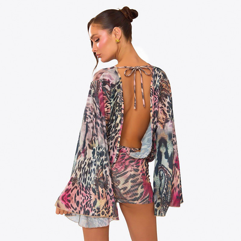 Leopard Print Long Sleeve Backless Mini Dress GSZM D26DS306