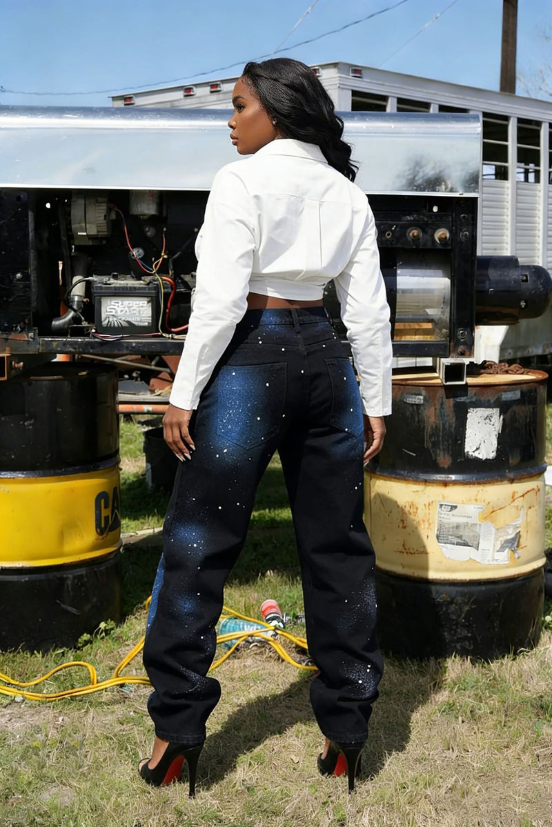 Plus Size Starry Blue Graffiti Print Straight Jeans GYLN 0063