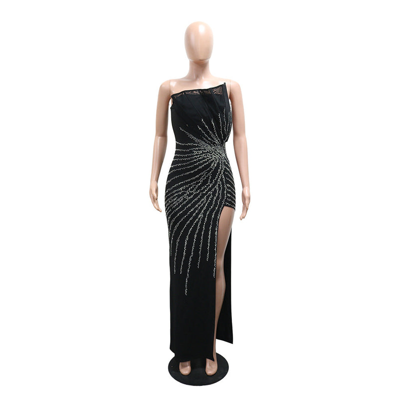 Solid Color Hot Drill Off Shoulder Maxi Dress CYA 902491