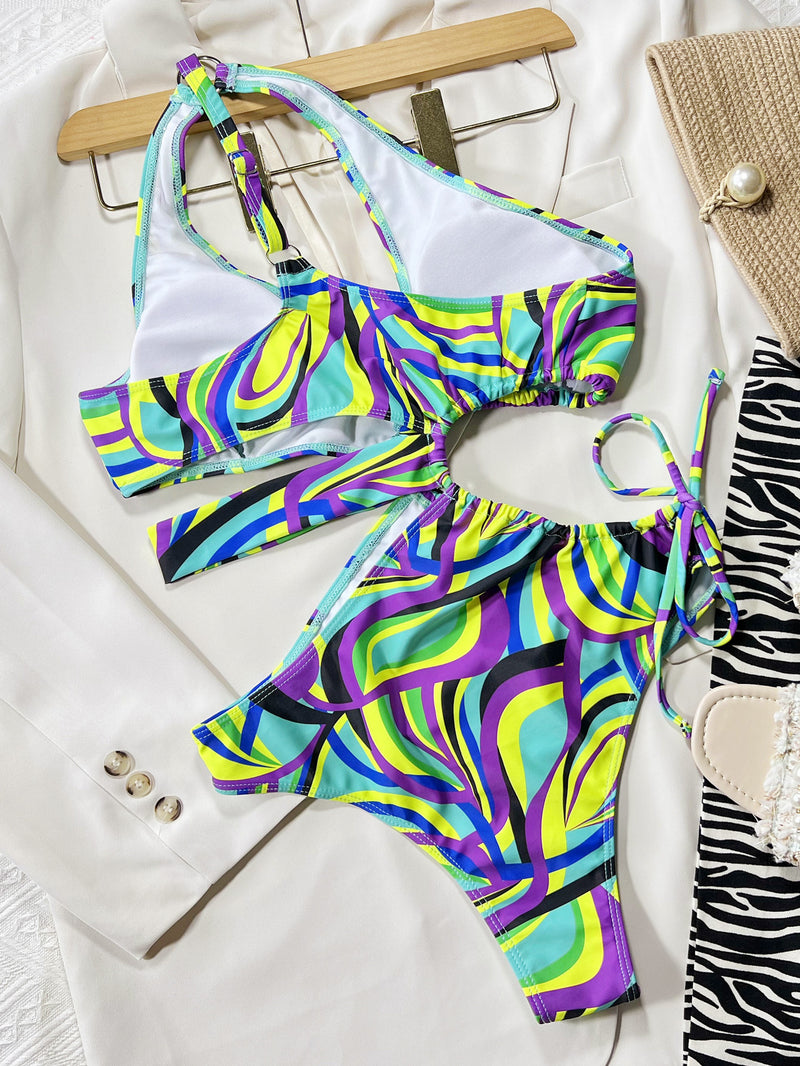 Print Hollow Out Drawstring One Piece Swimsuit CSYZ C809WY