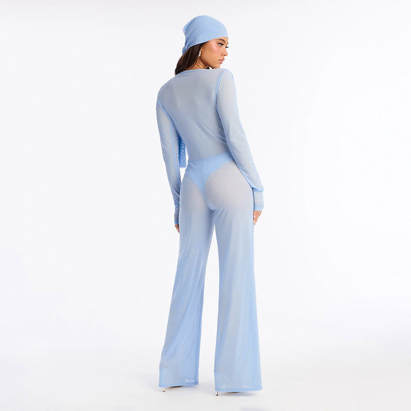 Mesh Patchwork See Through Jumpsuit With Headscarf GDSF J26JP323