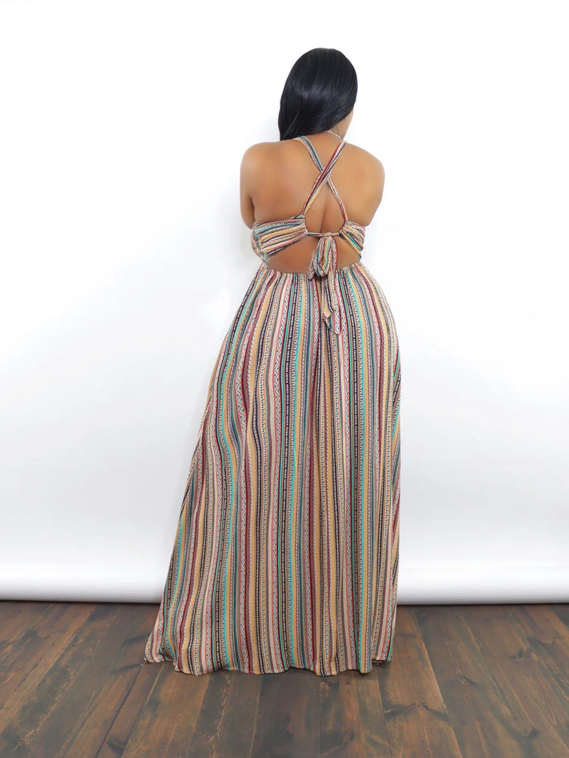 Colorful Stripe Print Tie Up Maxi Dress SFY 750
