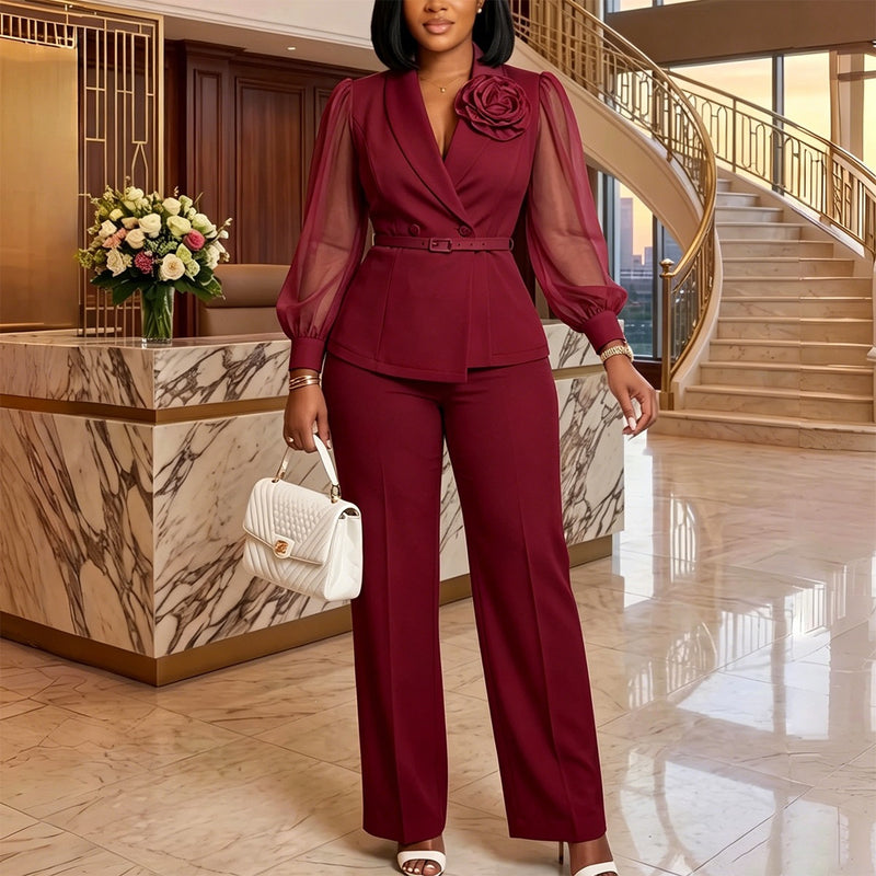 Plus Size Mesh Long Sleeve 2 Piece Pants Set GMLF 3383