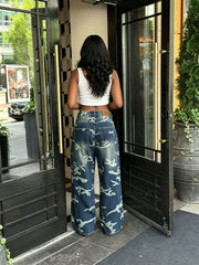 Plus Size Ripped Camouflage Washed Straight Jeans GYLN 7255