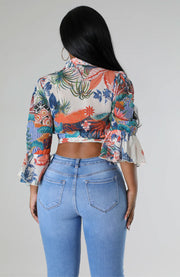 Long Sleeve Print Tie Up Shirt XHXF 8699