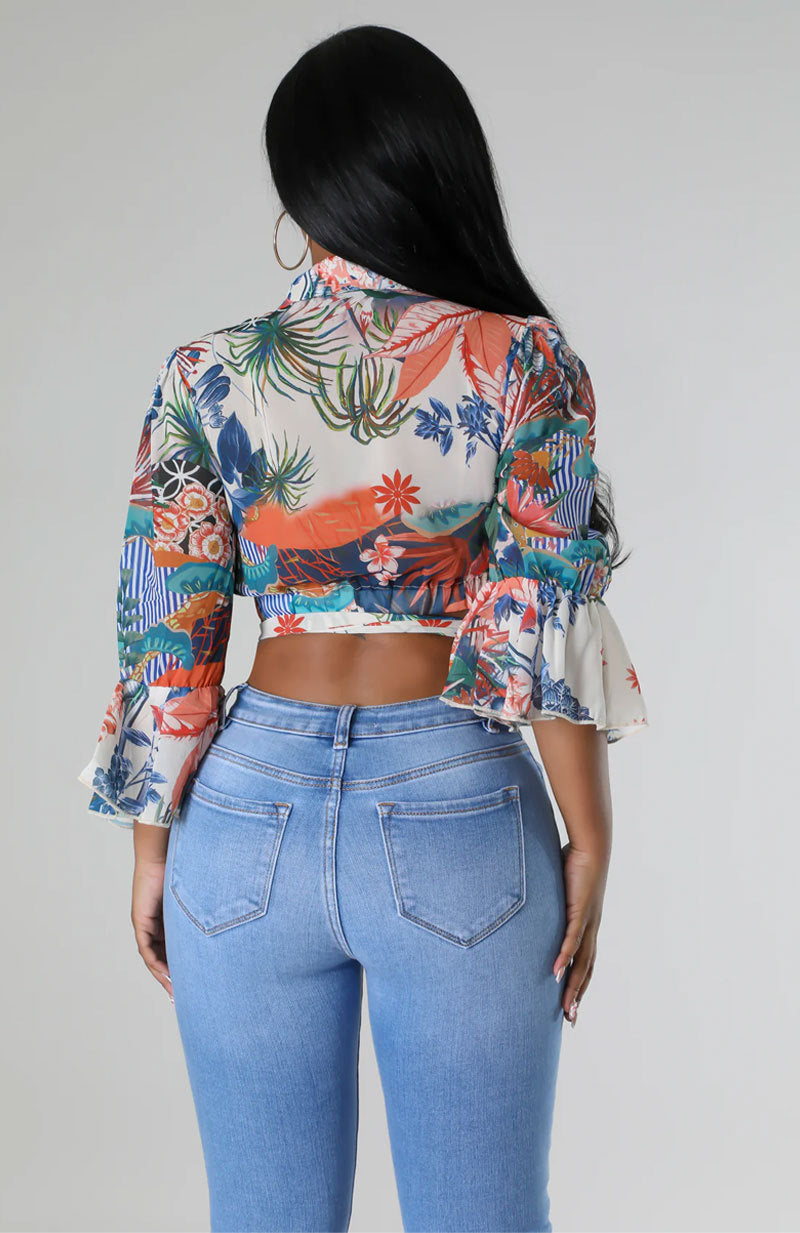 Long Sleeve Print Tie Up Shirt XHXF 8699