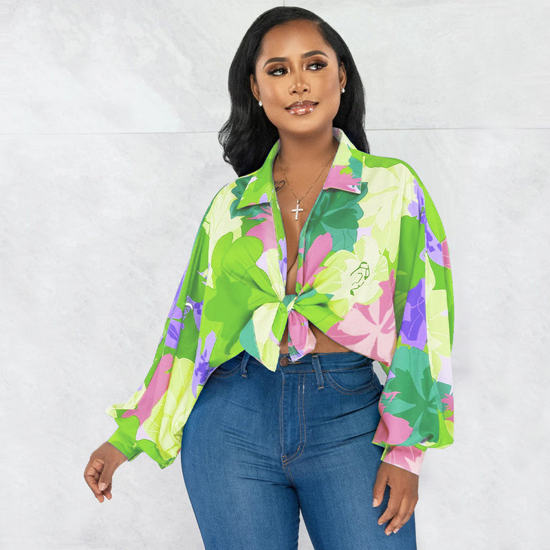 Bat Sleeve Lapel Neck Print Shirt YF 10543