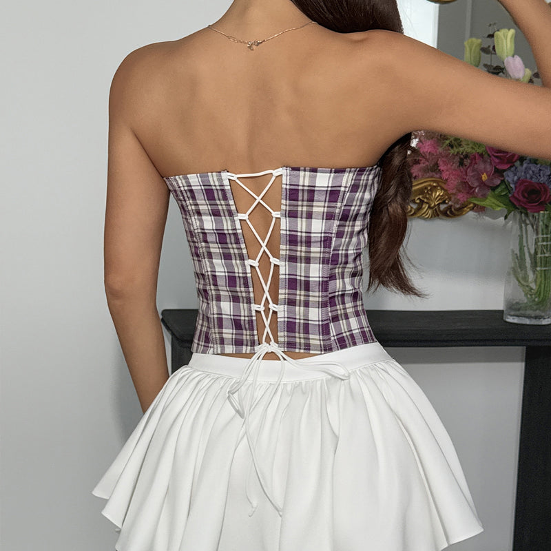 Retro Plaid Patchwork Lace Bandeau Tank Top GOMN 71162