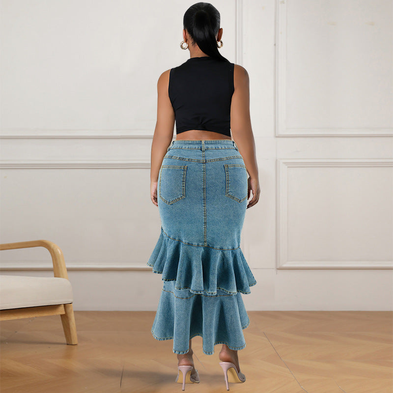 Plus Size Ruffle Irregular Denim Long Skirt GDAM 218634