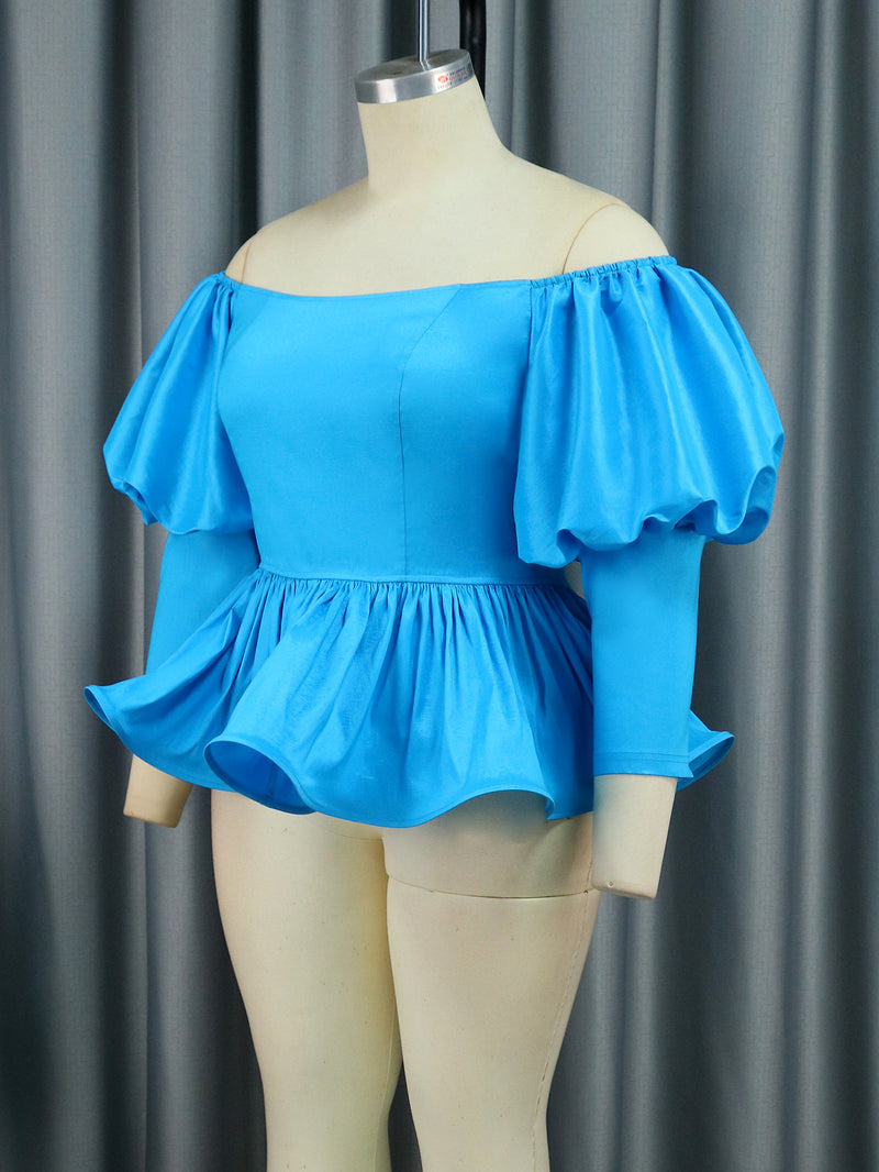Plus Size One Shoulder Lantern Sleeve Ruffles Blouse GKEN AM030626