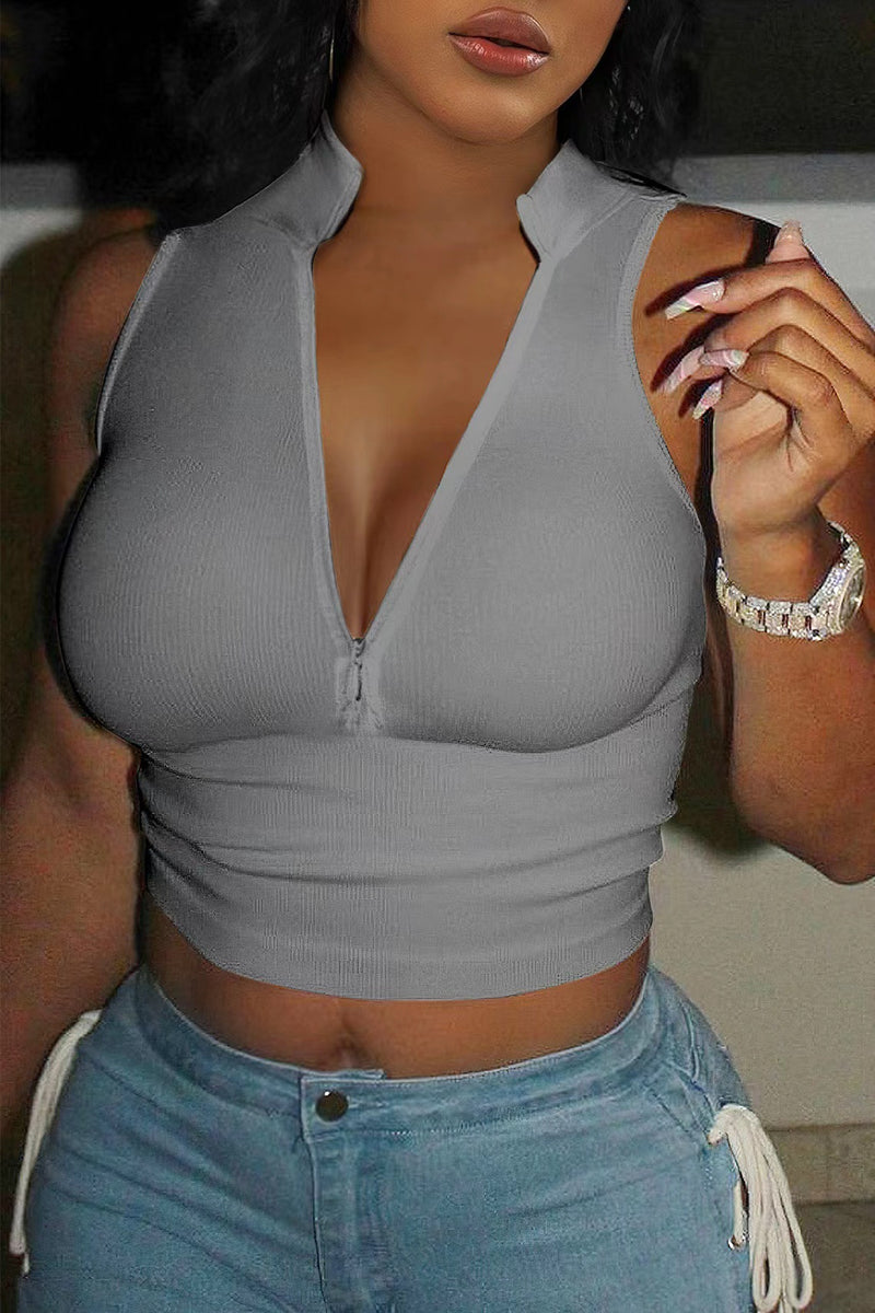 Solid Color V Neck Tight Tank Top GFCF 1289