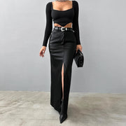 Solid Color High Waist Split PU Long Skirt GPBY 16562