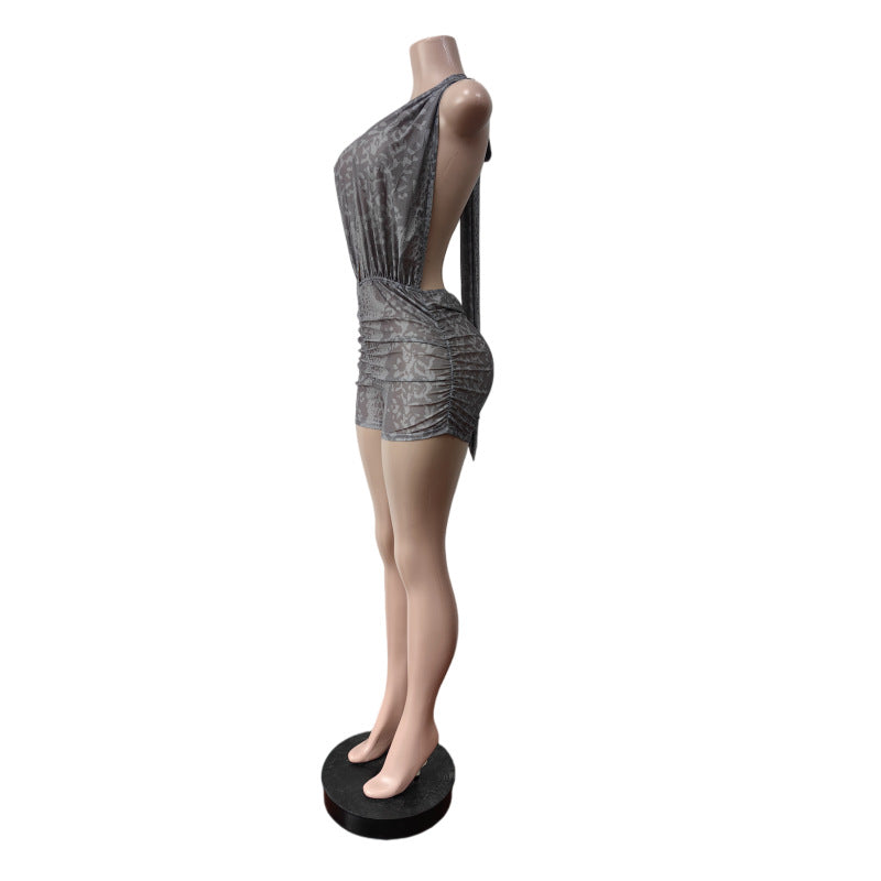 Halterneck Tie Up Backless Print Romper MEM 88698