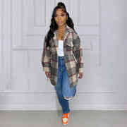 Plus Size Loose Plaid Mauney Long Sleeve Shirt Coat YIM 370