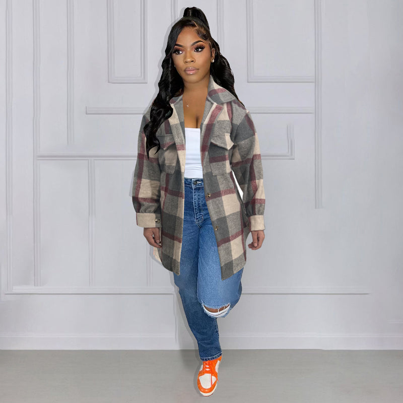 Plus Size Loose Plaid Mauney Long Sleeve Shirt Coat YIM 370