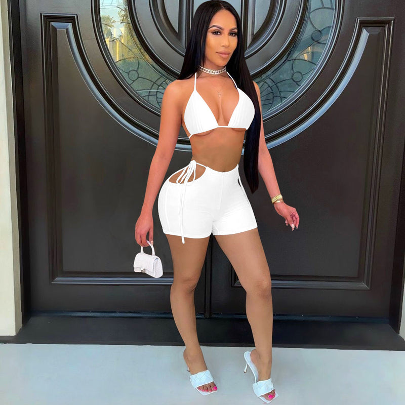 Sexy Solid Bra Top And Shorts Two Piece Sets FOSF 8082
