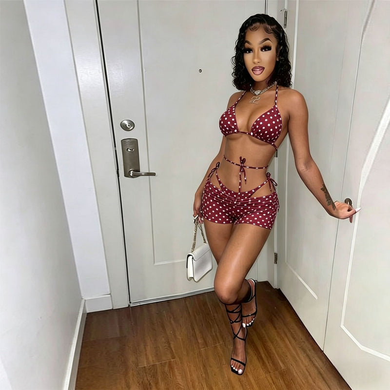 Polka Dots Print Bikinis Beach 3 Piece Swimsuit MEM 88696