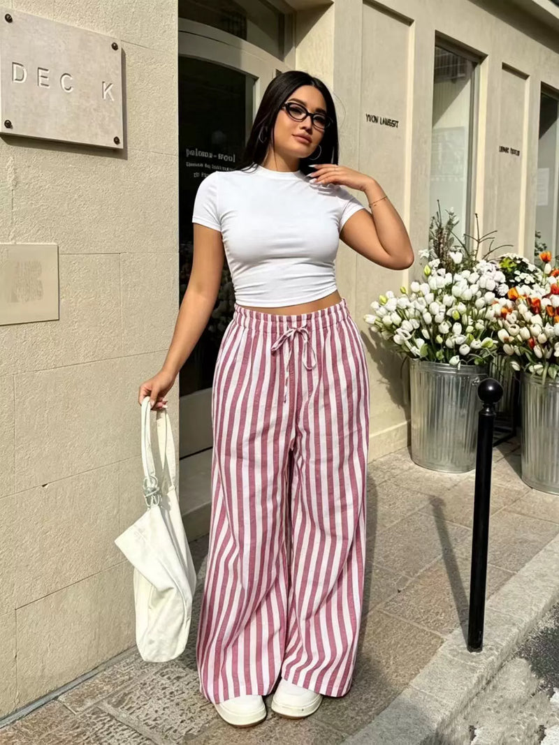 Plus Size Solid Color T Shirt Stripe Pants 2 Piece Set GADE 11411