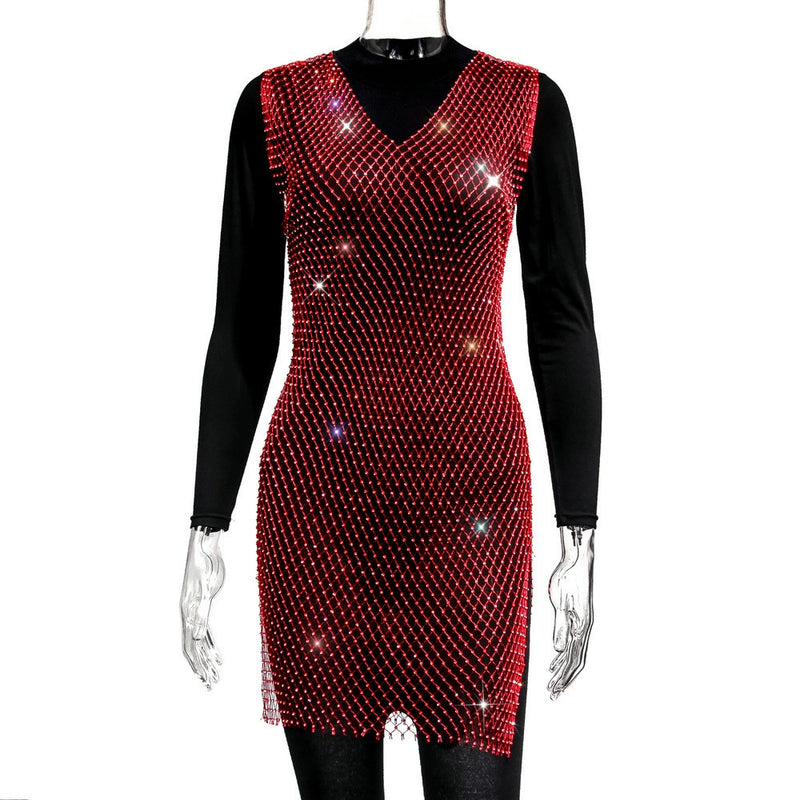Sexy Mesh Sparkle Diamond Fishnet Mini Dress GZYY 1002