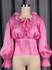 Plus Size Solid Color Ruched Flare Sleeve Shirt GKEN ATP051243