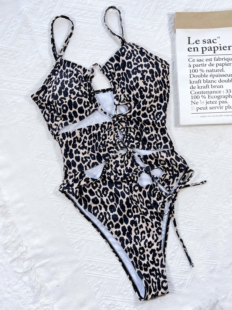 Leopard Print Cut out Drawstring One Piece Swimsuit CSYZ C88W