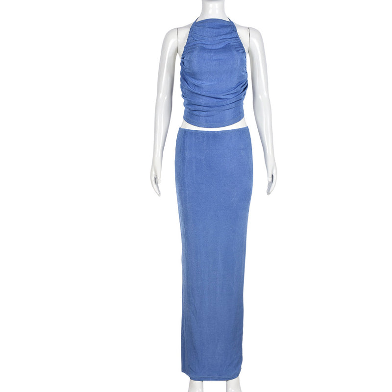 Sexy Tie Up Pleated Crop Tops Two Piece Skirts Set GNZD 9607SD