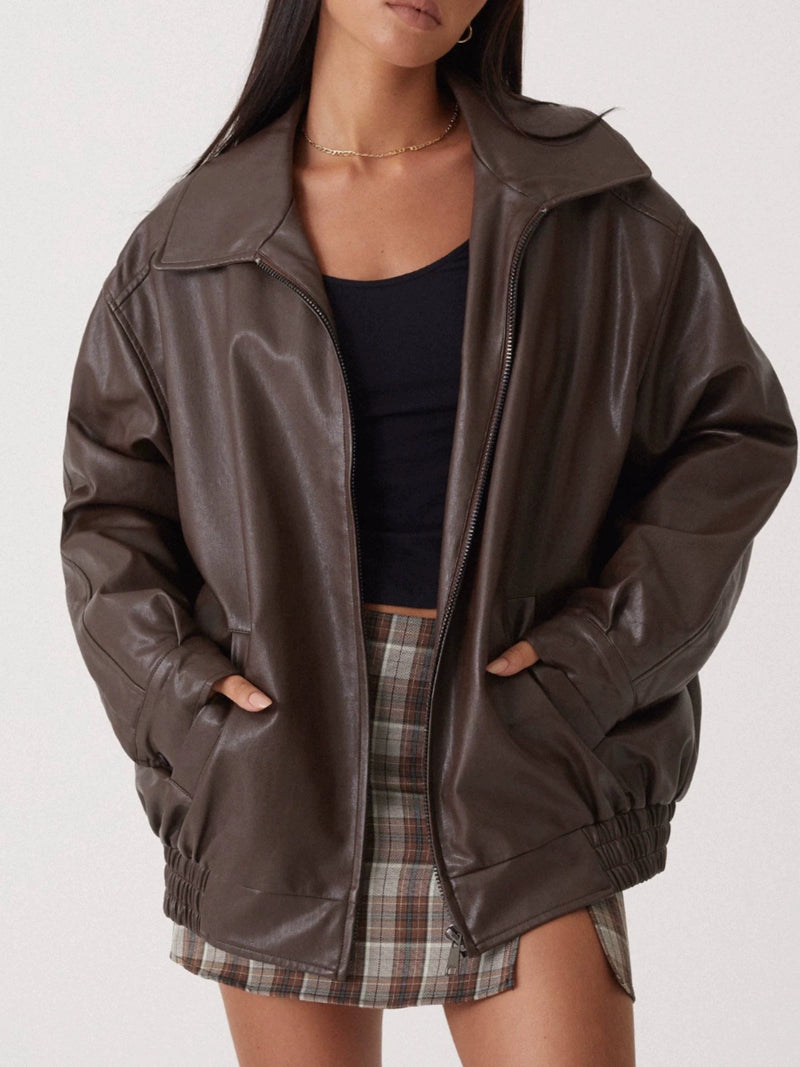 Lapel PU Leather Jacket Coats HHMY M3566